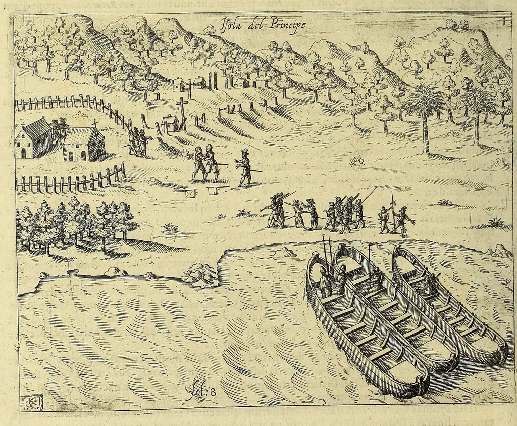 An illustration from Historiae antipodum siue Noui Orbis, qui vulgo Americae et Indiae Occidentalis nomine vsurpatur, pars nona: : continens veram et genvinam descriptionem duarum nauigationum Hollandicarum, quas Batavi diversas orbis partes magno animo, etsi varia fortuna, susceperunt. I. Et primo quidem libro narratur, quo pacto quinq[ue] naues, quae Amsterdamo soluerant. Magellanici freti angustiis superatis in Moluccas insulas pertendere conatae, diuerso euentu vsae fuerint, tribus scopum suum affecutis, duabus reliquis in periculoso illo stricto vi tempestarum variè afflectis, irritoque conamine tandem domum redire compulsis. II. Secundo libro felix & admirabilis Oliuerii van-der-Noort totius orbis periplus percensetur, vbi permulta memoratu dignissima, quae toto illo itinere occurrerunt, verè describuntur. Omnia hactenus confuse nec suo loco edita: nunc verò sublatis innumeris mendiis, interpretum Ablepsia admissis, decenter & ordine accurata:, 1633, leaf 50
