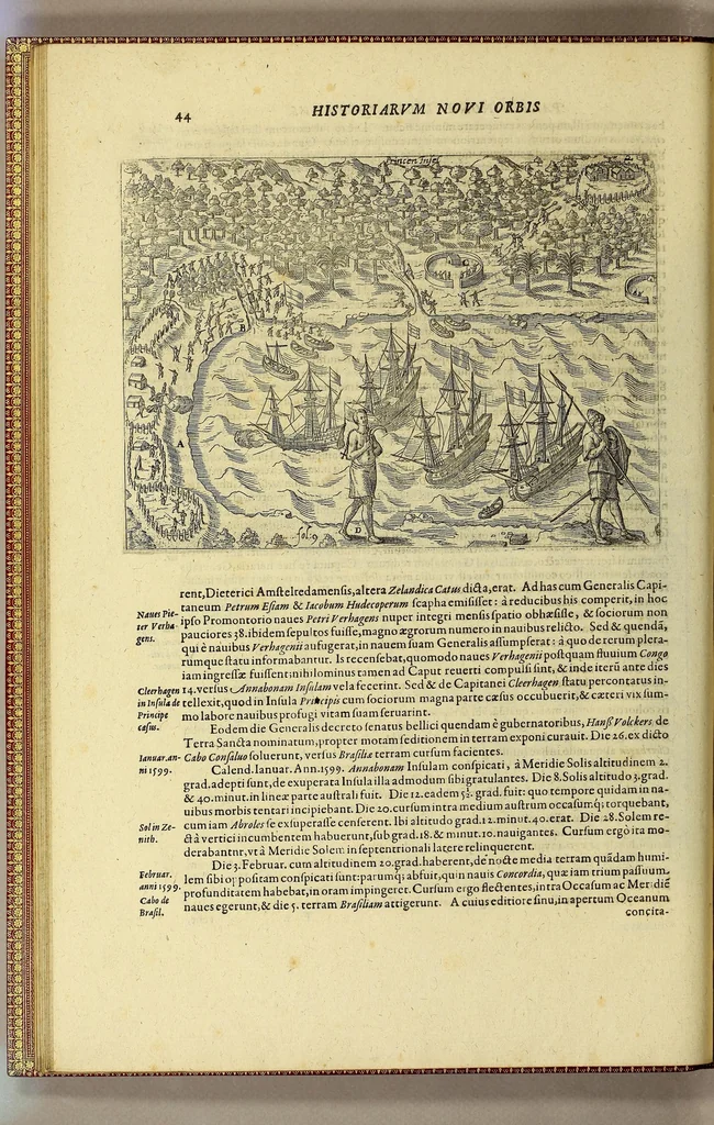 An illustration from Historiae antipodum siue Noui Orbis, qui vulgo Americae et Indiae Occidentalis nomine vsurpatur, pars nona: : continens veram et genvinam descriptionem duarum nauigationum Hollandicarum, quas Batavi diversas orbis partes magno animo, etsi varia fortuna, susceperunt. I. Et primo quidem libro narratur, quo pacto quinq[ue] naues, quae Amsterdamo soluerant. Magellanici freti angustiis superatis in Moluccas insulas pertendere conatae, diuerso euentu vsae fuerint, tribus scopum suum affecutis, duabus reliquis in periculoso illo stricto vi tempestarum variè afflectis, irritoque conamine tandem domum redire compulsis. II. Secundo libro felix & admirabilis Oliuerii van-der-Noort totius orbis periplus percensetur, vbi permulta memoratu dignissima, quae toto illo itinere occurrerunt, verè describuntur. Omnia hactenus confuse nec suo loco edita: nunc verò sublatis innumeris mendiis, interpretum Ablepsia admissis, decenter & ordine accurata:, 1633, leaf 52