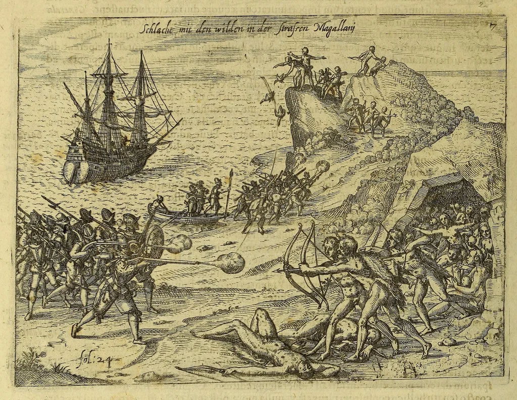 An illustration from Historiae antipodum siue Noui Orbis, qui vulgo Americae et Indiae Occidentalis nomine vsurpatur, pars nona: : continens veram et genvinam descriptionem duarum nauigationum Hollandicarum, quas Batavi diversas orbis partes magno animo, etsi varia fortuna, susceperunt. I. Et primo quidem libro narratur, quo pacto quinq[ue] naues, quae Amsterdamo soluerant. Magellanici freti angustiis superatis in Moluccas insulas pertendere conatae, diuerso euentu vsae fuerint, tribus scopum suum affecutis, duabus reliquis in periculoso illo stricto vi tempestarum variè afflectis, irritoque conamine tandem domum redire compulsis. II. Secundo libro felix & admirabilis Oliuerii van-der-Noort totius orbis periplus percensetur, vbi permulta memoratu dignissima, quae toto illo itinere occurrerunt, verè describuntur. Omnia hactenus confuse nec suo loco edita: nunc verò sublatis innumeris mendiis, interpretum Ablepsia admissis, decenter & ordine accurata:, 1633, leaf 54
