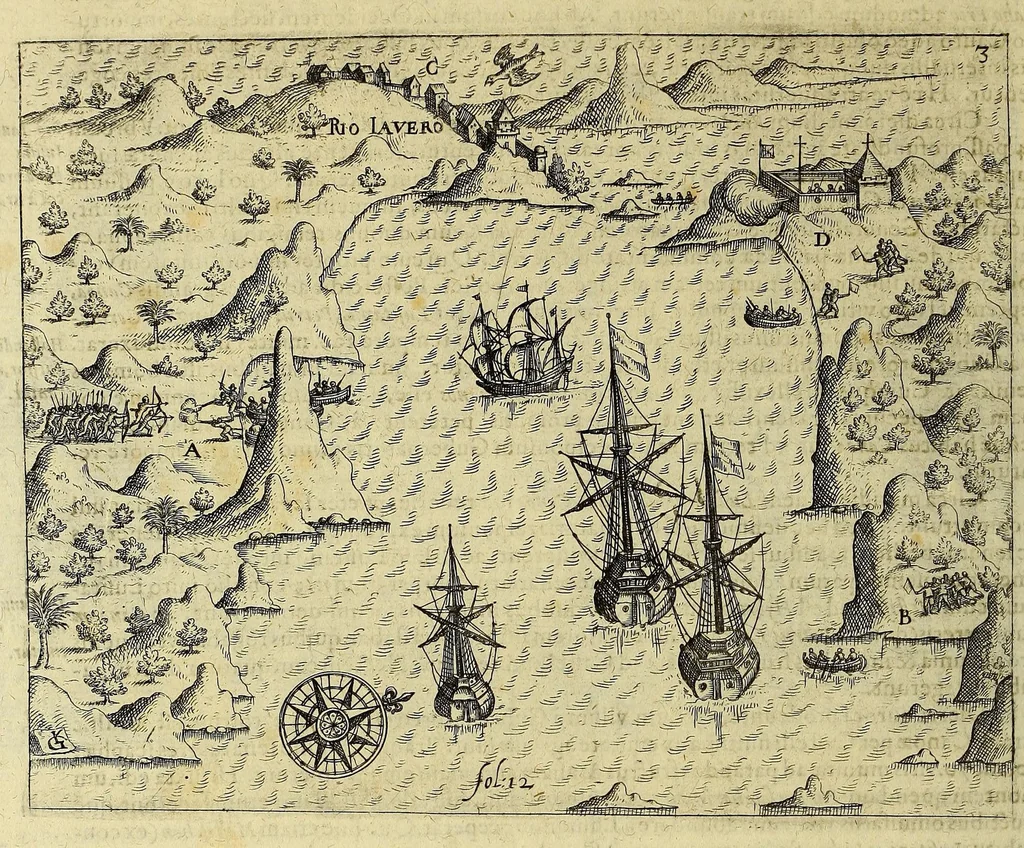 An illustration from Historiae antipodum siue Noui Orbis, qui vulgo Americae et Indiae Occidentalis nomine vsurpatur, pars nona: : continens veram et genvinam descriptionem duarum nauigationum Hollandicarum, quas Batavi diversas orbis partes magno animo, etsi varia fortuna, susceperunt. I. Et primo quidem libro narratur, quo pacto quinq[ue] naues, quae Amsterdamo soluerant. Magellanici freti angustiis superatis in Moluccas insulas pertendere conatae, diuerso euentu vsae fuerint, tribus scopum suum affecutis, duabus reliquis in periculoso illo stricto vi tempestarum variè afflectis, irritoque conamine tandem domum redire compulsis. II. Secundo libro felix & admirabilis Oliuerii van-der-Noort totius orbis periplus percensetur, vbi permulta memoratu dignissima, quae toto illo itinere occurrerunt, verè describuntur. Omnia hactenus confuse nec suo loco edita: nunc verò sublatis innumeris mendiis, interpretum Ablepsia admissis, decenter & ordine accurata:, 1633, leaf 56