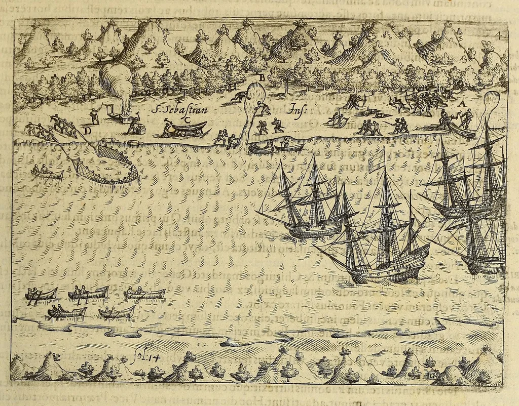 An illustration from Historiae antipodum siue Noui Orbis, qui vulgo Americae et Indiae Occidentalis nomine vsurpatur, pars nona: : continens veram et genvinam descriptionem duarum nauigationum Hollandicarum, quas Batavi diversas orbis partes magno animo, etsi varia fortuna, susceperunt. I. Et primo quidem libro narratur, quo pacto quinq[ue] naues, quae Amsterdamo soluerant. Magellanici freti angustiis superatis in Moluccas insulas pertendere conatae, diuerso euentu vsae fuerint, tribus scopum suum affecutis, duabus reliquis in periculoso illo stricto vi tempestarum variè afflectis, irritoque conamine tandem domum redire compulsis. II. Secundo libro felix & admirabilis Oliuerii van-der-Noort totius orbis periplus percensetur, vbi permulta memoratu dignissima, quae toto illo itinere occurrerunt, verè describuntur. Omnia hactenus confuse nec suo loco edita: nunc verò sublatis innumeris mendiis, interpretum Ablepsia admissis, decenter & ordine accurata:, 1633, leaf 57