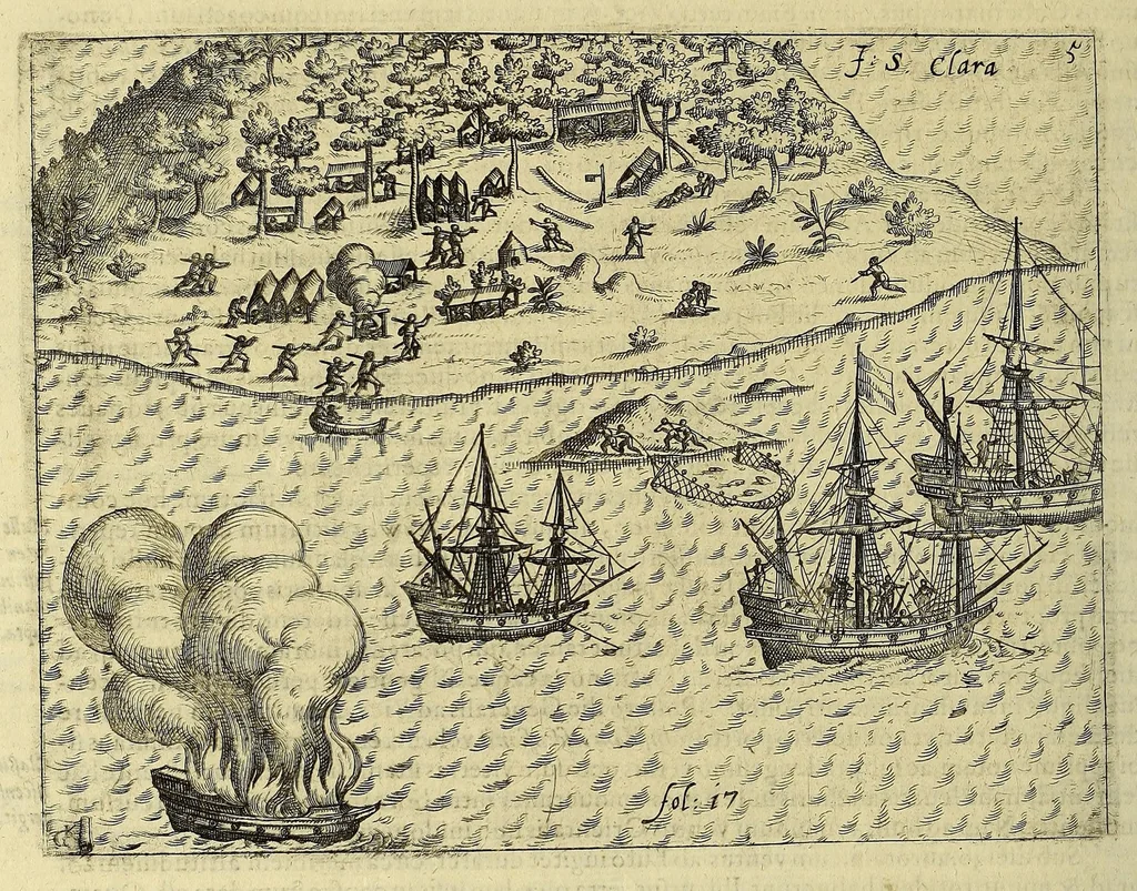 An illustration from Historiae antipodum siue Noui Orbis, qui vulgo Americae et Indiae Occidentalis nomine vsurpatur, pars nona: : continens veram et genvinam descriptionem duarum nauigationum Hollandicarum, quas Batavi diversas orbis partes magno animo, etsi varia fortuna, susceperunt. I. Et primo quidem libro narratur, quo pacto quinq[ue] naues, quae Amsterdamo soluerant. Magellanici freti angustiis superatis in Moluccas insulas pertendere conatae, diuerso euentu vsae fuerint, tribus scopum suum affecutis, duabus reliquis in periculoso illo stricto vi tempestarum variè afflectis, irritoque conamine tandem domum redire compulsis. II. Secundo libro felix & admirabilis Oliuerii van-der-Noort totius orbis periplus percensetur, vbi permulta memoratu dignissima, quae toto illo itinere occurrerunt, verè describuntur. Omnia hactenus confuse nec suo loco edita: nunc verò sublatis innumeris mendiis, interpretum Ablepsia admissis, decenter & ordine accurata:, 1633, leaf 60