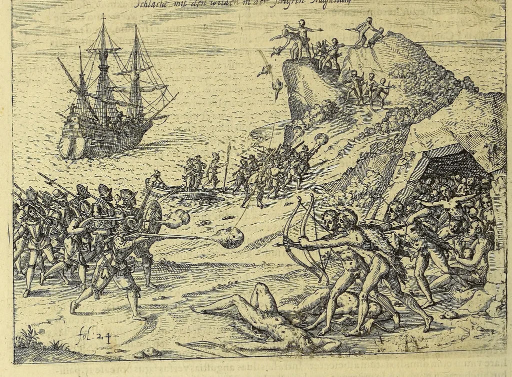 An illustration from Historiae antipodum siue Noui Orbis, qui vulgo Americae et Indiae Occidentalis nomine vsurpatur, pars nona: : continens veram et genvinam descriptionem duarum nauigationum Hollandicarum, quas Batavi diversas orbis partes magno animo, etsi varia fortuna, susceperunt. I. Et primo quidem libro narratur, quo pacto quinq[ue] naues, quae Amsterdamo soluerant. Magellanici freti angustiis superatis in Moluccas insulas pertendere conatae, diuerso euentu vsae fuerint, tribus scopum suum affecutis, duabus reliquis in periculoso illo stricto vi tempestarum variè afflectis, irritoque conamine tandem domum redire compulsis. II. Secundo libro felix & admirabilis Oliuerii van-der-Noort totius orbis periplus percensetur, vbi permulta memoratu dignissima, quae toto illo itinere occurrerunt, verè describuntur. Omnia hactenus confuse nec suo loco edita: nunc verò sublatis innumeris mendiis, interpretum Ablepsia admissis, decenter & ordine accurata:, 1633, leaf 66