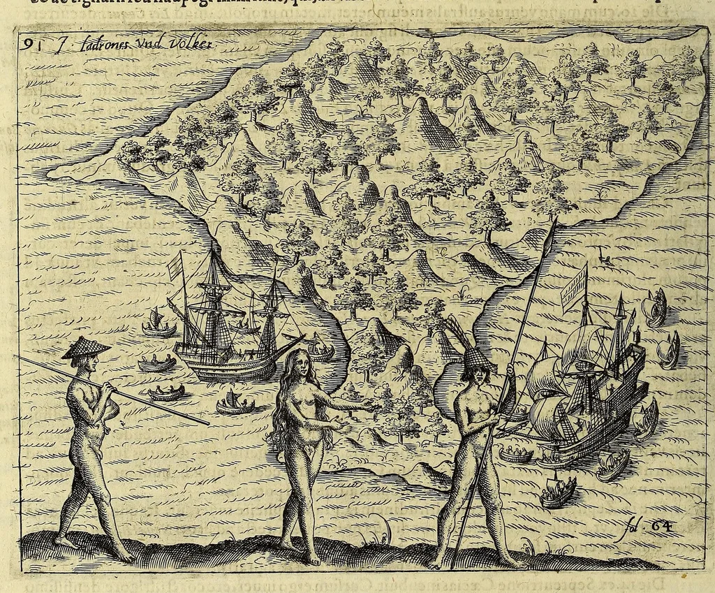 An illustration from Historiae antipodum siue Noui Orbis, qui vulgo Americae et Indiae Occidentalis nomine vsurpatur, pars nona: : continens veram et genvinam descriptionem duarum nauigationum Hollandicarum, quas Batavi diversas orbis partes magno animo, etsi varia fortuna, susceperunt. I. Et primo quidem libro narratur, quo pacto quinq[ue] naues, quae Amsterdamo soluerant. Magellanici freti angustiis superatis in Moluccas insulas pertendere conatae, diuerso euentu vsae fuerint, tribus scopum suum affecutis, duabus reliquis in periculoso illo stricto vi tempestarum variè afflectis, irritoque conamine tandem domum redire compulsis. II. Secundo libro felix & admirabilis Oliuerii van-der-Noort totius orbis periplus percensetur, vbi permulta memoratu dignissima, quae toto illo itinere occurrerunt, verè describuntur. Omnia hactenus confuse nec suo loco edita: nunc verò sublatis innumeris mendiis, interpretum Ablepsia admissis, decenter & ordine accurata:, 1633, leaf 84