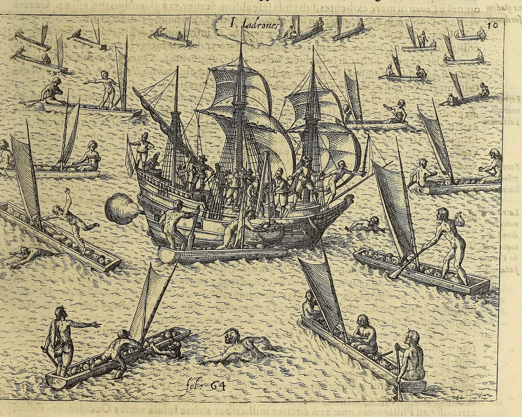 An illustration from Historiae antipodum siue Noui Orbis, qui vulgo Americae et Indiae Occidentalis nomine vsurpatur, pars nona: : continens veram et genvinam descriptionem duarum nauigationum Hollandicarum, quas Batavi diversas orbis partes magno animo, etsi varia fortuna, susceperunt. I. Et primo quidem libro narratur, quo pacto quinq[ue] naues, quae Amsterdamo soluerant. Magellanici freti angustiis superatis in Moluccas insulas pertendere conatae, diuerso euentu vsae fuerint, tribus scopum suum affecutis, duabus reliquis in periculoso illo stricto vi tempestarum variè afflectis, irritoque conamine tandem domum redire compulsis. II. Secundo libro felix & admirabilis Oliuerii van-der-Noort totius orbis periplus percensetur, vbi permulta memoratu dignissima, quae toto illo itinere occurrerunt, verè describuntur. Omnia hactenus confuse nec suo loco edita: nunc verò sublatis innumeris mendiis, interpretum Ablepsia admissis, decenter & ordine accurata:, 1633, leaf 85