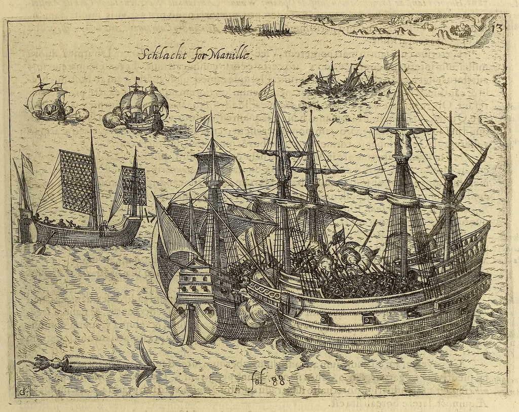 An illustration from Historiae antipodum siue Noui Orbis, qui vulgo Americae et Indiae Occidentalis nomine vsurpatur, pars nona: : continens veram et genvinam descriptionem duarum nauigationum Hollandicarum, quas Batavi diversas orbis partes magno animo, etsi varia fortuna, susceperunt. I. Et primo quidem libro narratur, quo pacto quinq[ue] naues, quae Amsterdamo soluerant. Magellanici freti angustiis superatis in Moluccas insulas pertendere conatae, diuerso euentu vsae fuerint, tribus scopum suum affecutis, duabus reliquis in periculoso illo stricto vi tempestarum variè afflectis, irritoque conamine tandem domum redire compulsis. II. Secundo libro felix & admirabilis Oliuerii van-der-Noort totius orbis periplus percensetur, vbi permulta memoratu dignissima, quae toto illo itinere occurrerunt, verè describuntur. Omnia hactenus confuse nec suo loco edita: nunc verò sublatis innumeris mendiis, interpretum Ablepsia admissis, decenter & ordine accurata:, 1633, leaf 97