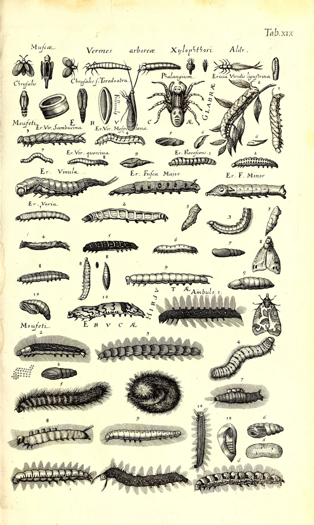 An illustration from Historiae naturalis de quadrupetibus libri : cum aeneis figuris; [Historiae naturalis de serpentibus libri II ; Historiae naturalis de insectis libri III ; Historiae naturalis de exanguibus aquaticis libri IV ; Historiae naturalis de piscibus et cetis libri V ; Historiae naturalis de avibus libri VI], 1650, leaf 182