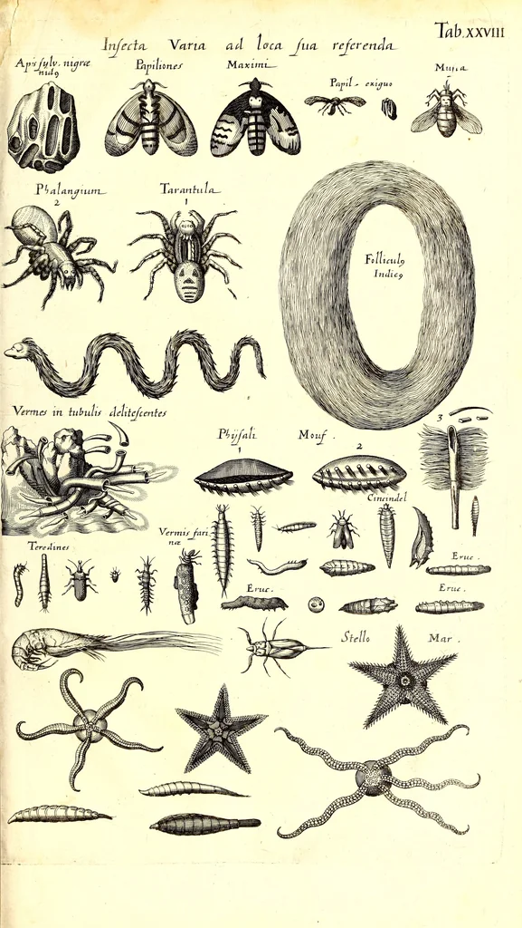 An illustration from Historiae naturalis de quadrupetibus libri : cum aeneis figuris; [Historiae naturalis de serpentibus libri II ; Historiae naturalis de insectis libri III ; Historiae naturalis de exanguibus aquaticis libri IV ; Historiae naturalis de piscibus et cetis libri V ; Historiae naturalis de avibus libri VI], 1650, leaf 246