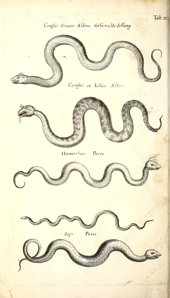 An illustration from Historiae naturalis de quadrupetibus libri : cum aeneis figuris; [Historiae naturalis de serpentibus libri II ; Historiae naturalis de insectis libri III ; Historiae naturalis de exanguibus aquaticis libri IV ; Historiae naturalis de piscibus et cetis libri V ; Historiae naturalis de avibus libri VI], 1650, leaf 281