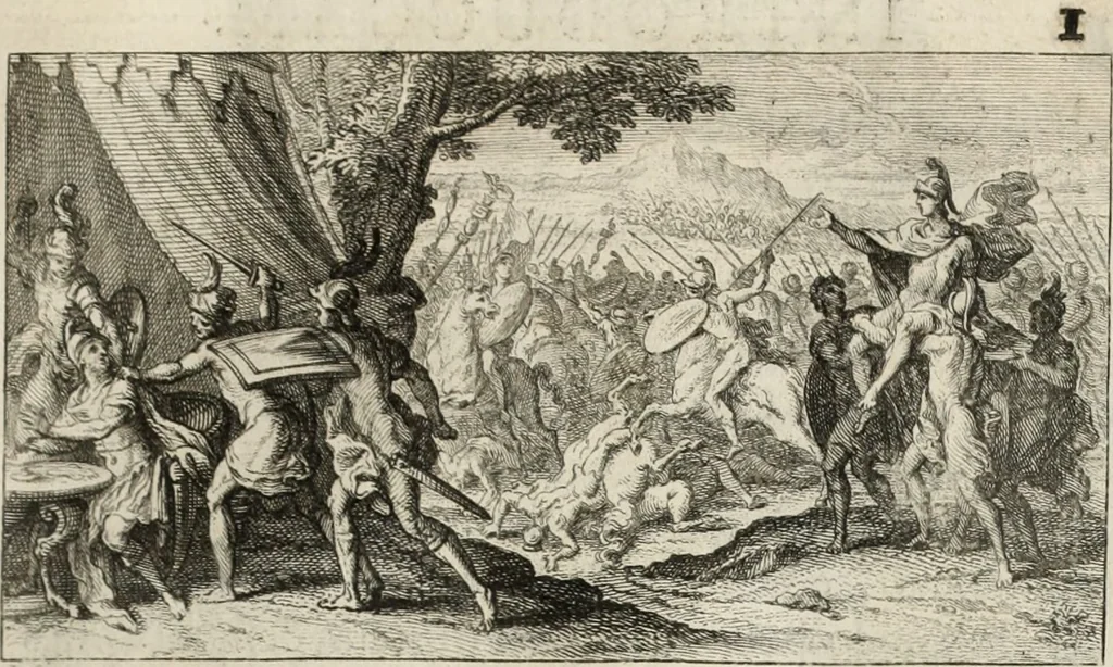 An illustration from Historia genealogica da casa real portugueza : desde a sua origem até o presente, com as familias illustres, que precedem dos reys, e dos serenissimos duques de Bragança ..., 1735, leaf 266