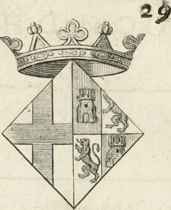 An illustration from Historia genealogica da casa real portugueza : desde a sua origem até o presente, com as familias illustres, que precedem dos reys, e dos serenissimos duques de Bragança ..., 1735, leaf 296