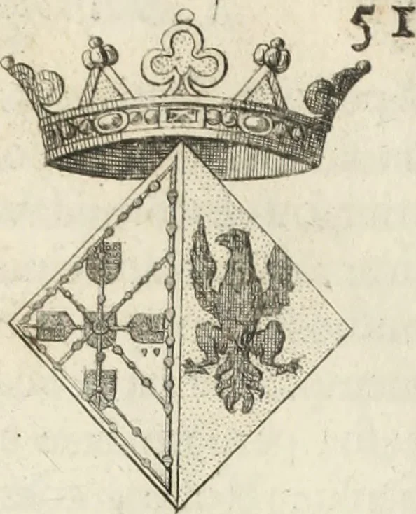 An illustration from Historia genealogica da casa real portugueza : desde a sua origem até o presente, com as familias illustres, que precedem dos reys, e dos serenissimos duques de Bragança ..., 1735, leaf 322