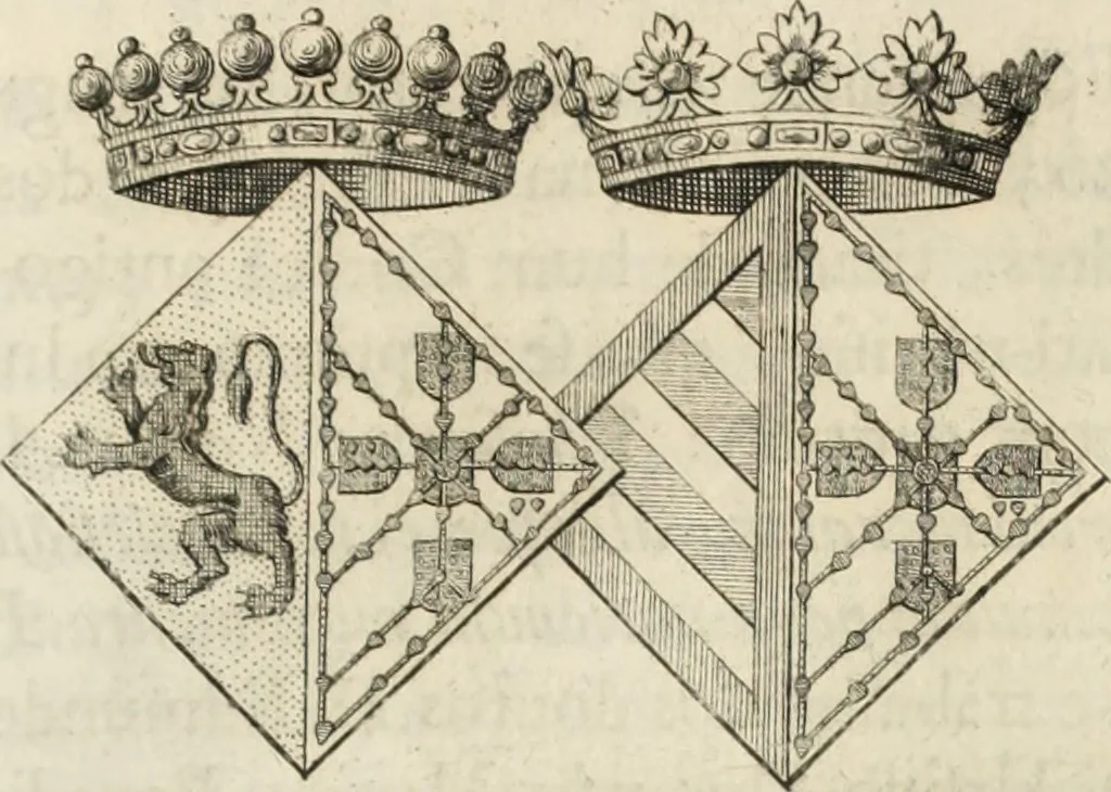An illustration from Historia genealogica da casa real portugueza : desde a sua origem até o presente, com as familias illustres, que precedem dos reys, e dos serenissimos duques de Bragança ..., 1735, leaf 348