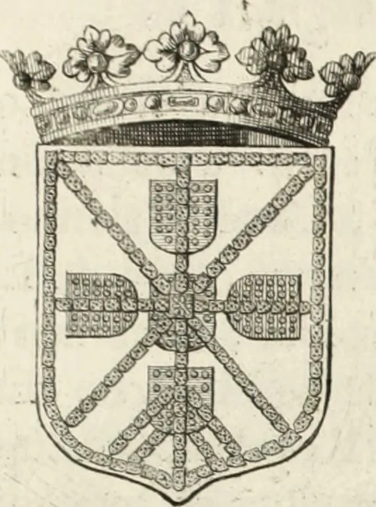 An illustration from Historia genealogica da casa real portugueza : desde a sua origem até o presente, com as familias illustres, que precedem dos reys, e dos serenissimos duques de Bragança ..., 1735, leaf 384