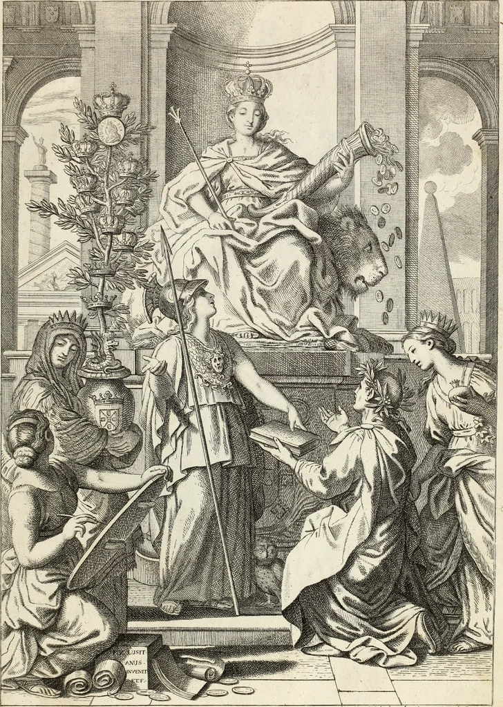 An illustration from Historia genealogica da casa real portugueza : desde a sua origem até o presente, com as familias illustres, que precedem dos reys, e dos serenissimos duques de Bragança ..., 1735, leaf 4
