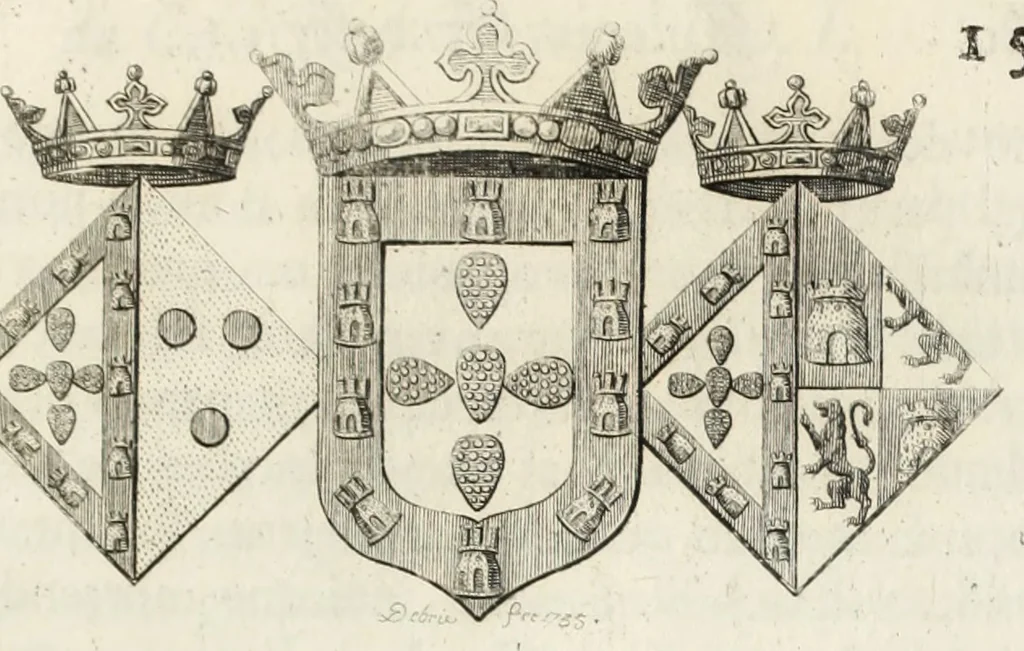 An illustration from Historia genealogica da casa real portugueza : desde a sua origem até o presente, com as familias illustres, que precedem dos reys, e dos serenissimos duques de Bragança ..., 1735, leaf 452
