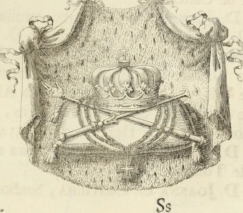 An illustration from Historia genealogica da casa real portugueza : desde a sua origem até o presente, com as familias illustres, que precedem dos reys, e dos serenissimos duques de Bragança ..., 1735, leaf 584
