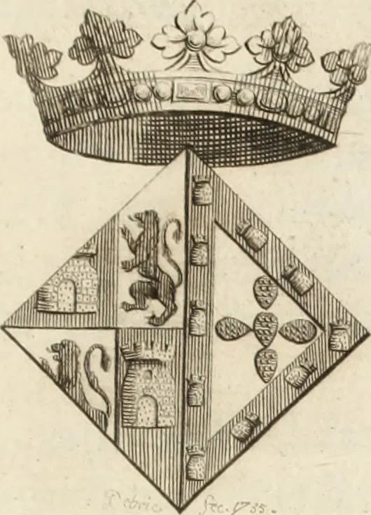 An illustration from Historia genealogica da casa real portugueza : desde a sua origem até o presente, com as familias illustres, que precedem dos reys, e dos serenissimos duques de Bragança ..., 1735, leaf 588