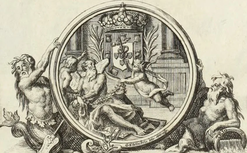 An illustration from Historia genealogica da casa real portugueza : desde a sua origem até o presente, com as familias illustres, que precedem dos reys, e dos serenissimos duques de Bragança ..., 1735, leaf 6