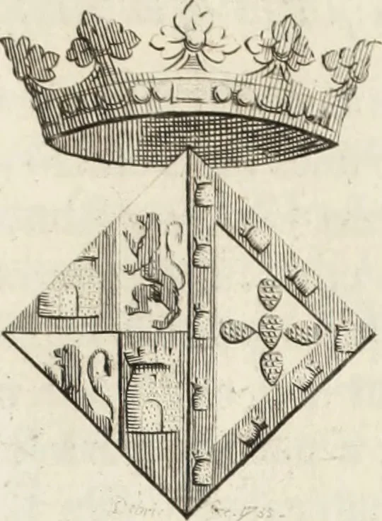 An illustration from Historia genealogica da casa real portugueza : desde a sua origem até o presente, com as familias illustres, que precedem dos reys, e dos serenissimos duques de Bragança ..., 1735, leaf 704