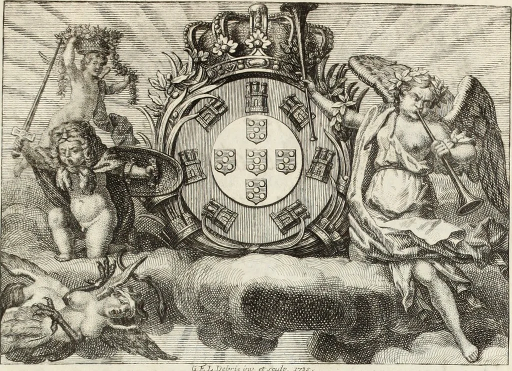 An illustration from Historia genealogica da casa real portugueza : desde a sua origem até o presente, com as familias illustres, que precedem dos reys, e dos serenissimos duques de Bragança ..., 1735, leaf 8