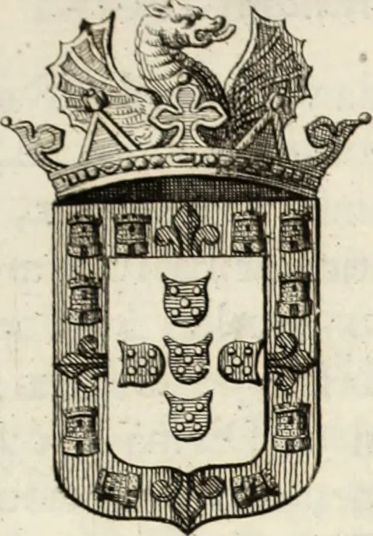 An illustration from Historia genealogica da casa real portugueza : desde a sua origem até o presente, com as familias illustres, que precedem dos reys, e dos serenissimos duques de Bragança ..., 1735, leaf 12