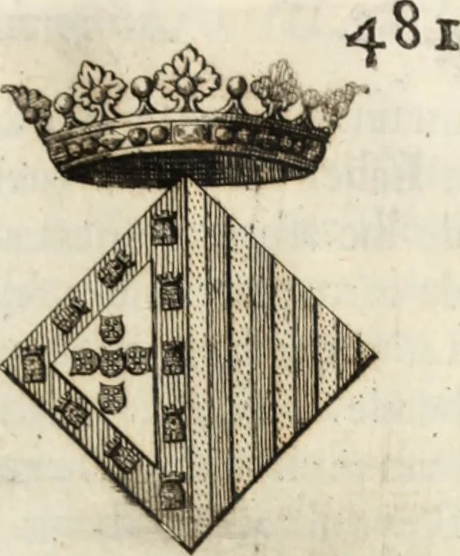 An illustration from Historia genealogica da casa real portugueza : desde a sua origem até o presente, com as familias illustres, que precedem dos reys, e dos serenissimos duques de Bragança ..., 1735, leaf 492