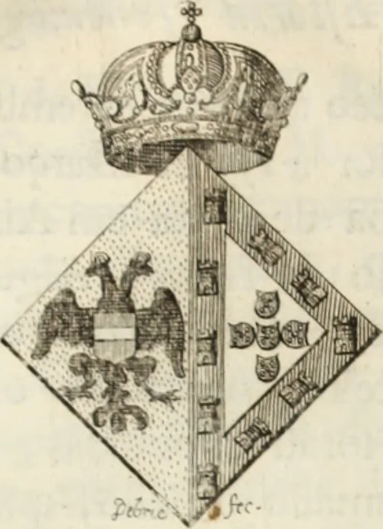 An illustration from Historia genealogica da casa real portugueza : desde a sua origem até o presente, com as familias illustres, que precedem dos reys, e dos serenissimos duques de Bragança ..., 1735, leaf 564
