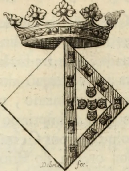 An illustration from Historia genealogica da casa real portugueza : desde a sua origem até o presente, com as familias illustres, que precedem dos reys, e dos serenissimos duques de Bragança ..., 1735, leaf 666