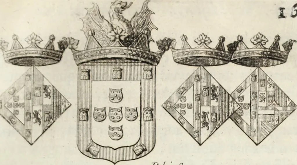An illustration from Historia genealogica da casa real portugueza : desde a sua origem até o presente, com as familias illustres, que precedem dos reys, e dos serenissimos duques de Bragança ..., 1735, leaf 188