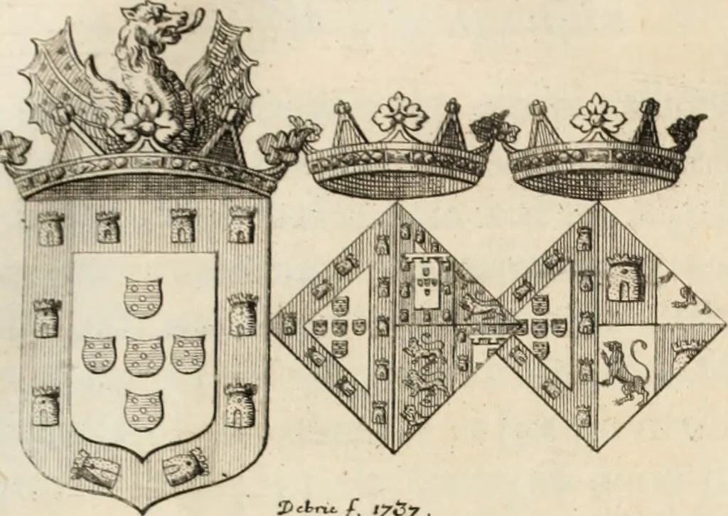 An illustration from Historia genealogica da casa real portugueza : desde a sua origem até o presente, com as familias illustres, que precedem dos reys, e dos serenissimos duques de Bragança ..., 1735, leaf 24