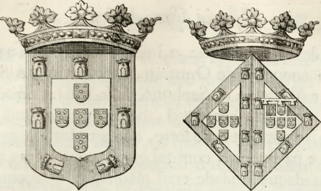 An illustration from Historia genealogica da casa real portugueza : desde a sua origem até o presente, com as familias illustres, que precedem dos reys, e dos serenissimos duques de Bragança ..., 1735, leaf 444