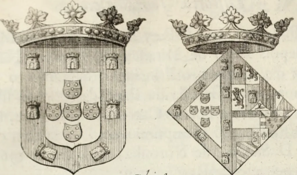 An illustration from Historia genealogica da casa real portugueza : desde a sua origem até o presente, com as familias illustres, que precedem dos reys, e dos serenissimos duques de Bragança ..., 1735, leaf 568