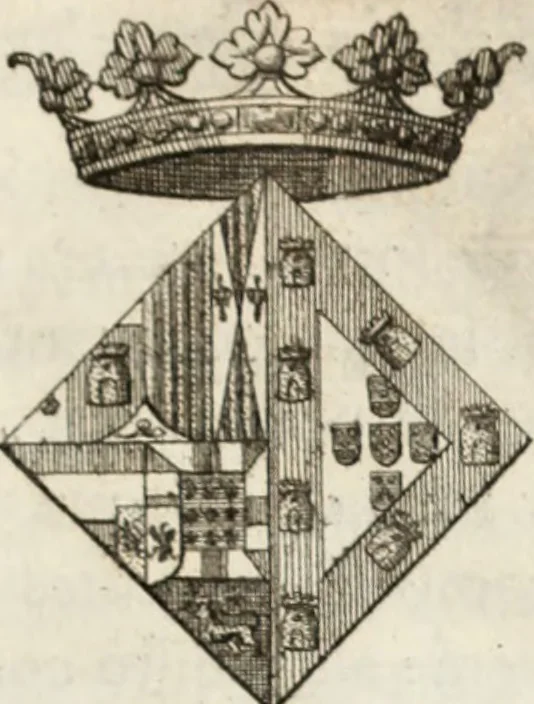 An illustration from Historia genealogica da casa real portugueza : desde a sua origem até o presente, com as familias illustres, que precedem dos reys, e dos serenissimos duques de Bragança ..., 1735, leaf 590