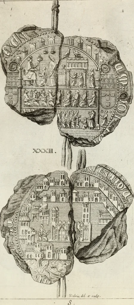 An illustration from Historia genealogica da casa real portugueza : desde a sua origem até o presente, com as familias illustres, que precedem dos reys, e dos serenissimos duques de Bragança ..., 1735, leaf 100