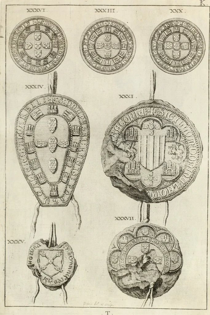 An illustration from Historia genealogica da casa real portugueza : desde a sua origem até o presente, com as familias illustres, que precedem dos reys, e dos serenissimos duques de Bragança ..., 1735, leaf 102