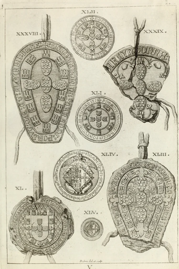 An illustration from Historia genealogica da casa real portugueza : desde a sua origem até o presente, com as familias illustres, que precedem dos reys, e dos serenissimos duques de Bragança ..., 1735, leaf 104