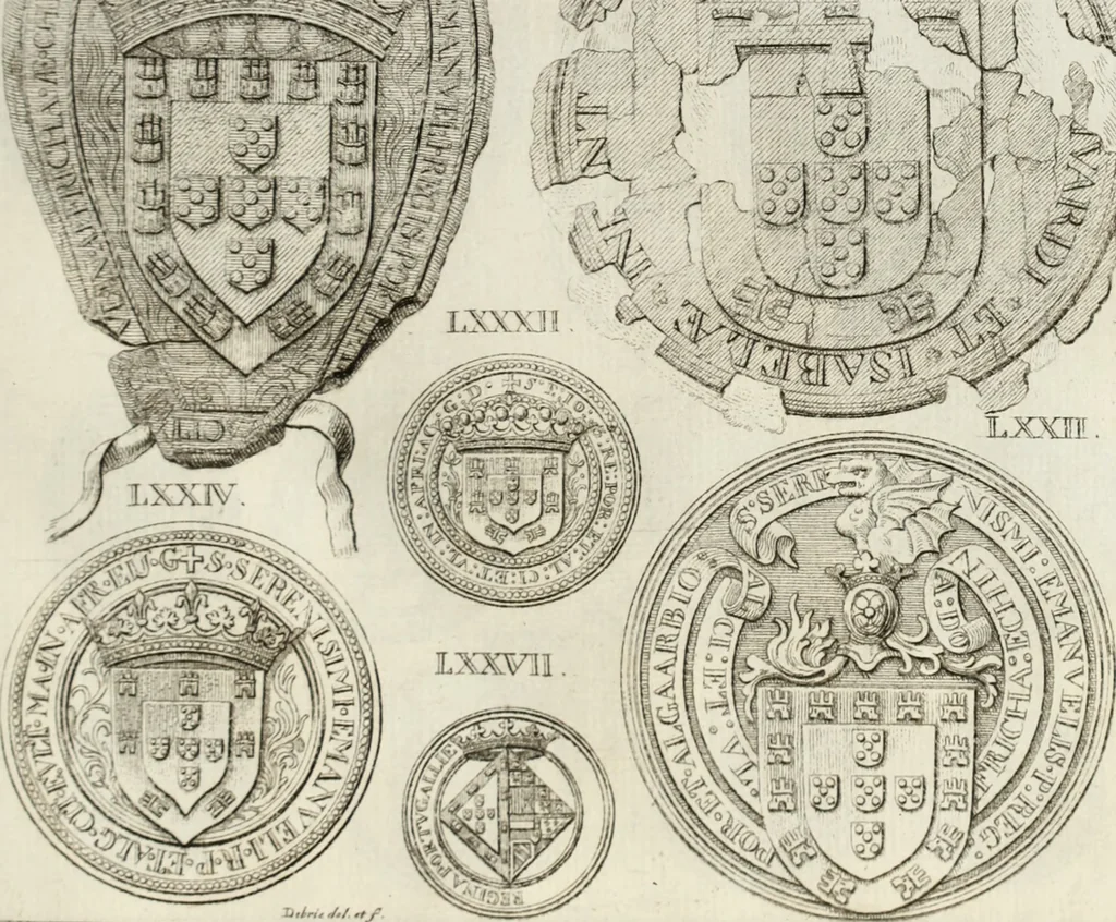 An illustration from Historia genealogica da casa real portugueza : desde a sua origem até o presente, com as familias illustres, que precedem dos reys, e dos serenissimos duques de Bragança ..., 1735, leaf 110