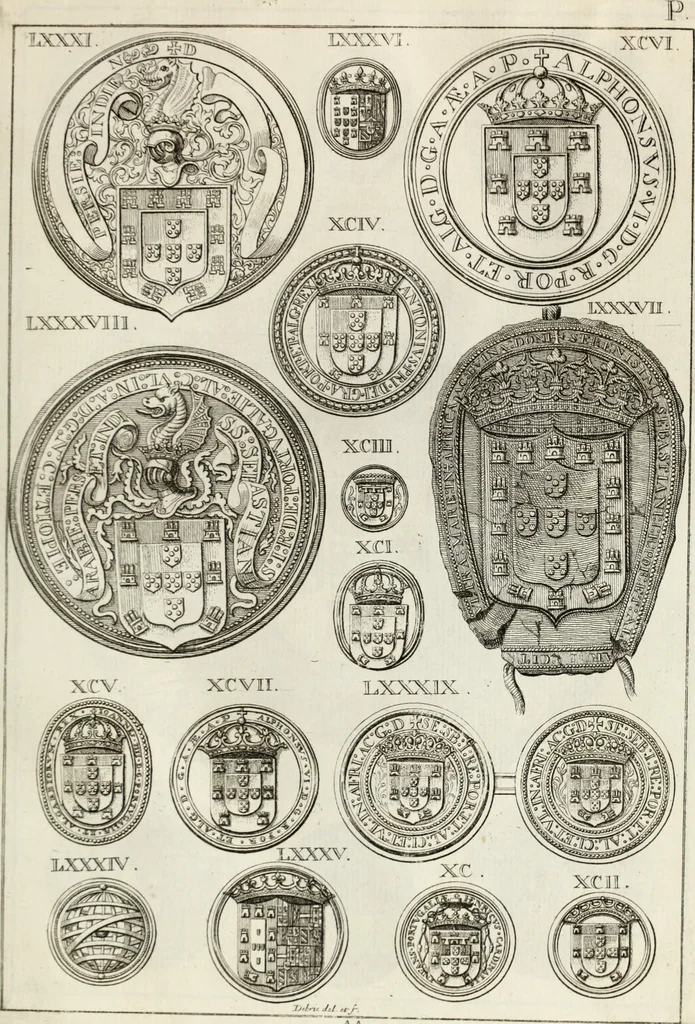 An illustration from Historia genealogica da casa real portugueza : desde a sua origem até o presente, com as familias illustres, que precedem dos reys, e dos serenissimos duques de Bragança ..., 1735, leaf 112
