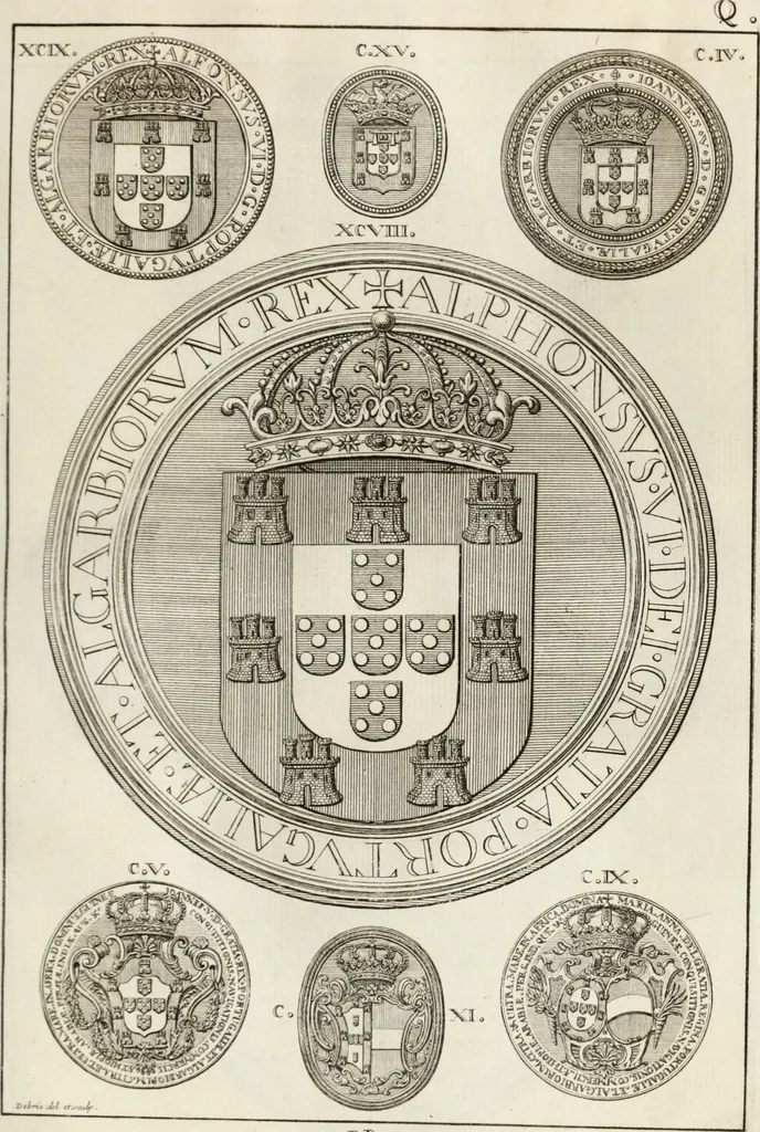 An illustration from Historia genealogica da casa real portugueza : desde a sua origem até o presente, com as familias illustres, que precedem dos reys, e dos serenissimos duques de Bragança ..., 1735, leaf 114
