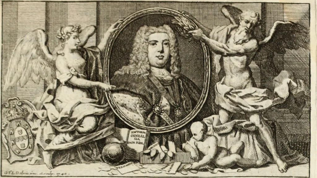 An illustration from Historia genealogica da casa real portugueza : desde a sua origem até o presente, com as familias illustres, que precedem dos reys, e dos serenissimos duques de Bragança ..., 1735, leaf 18