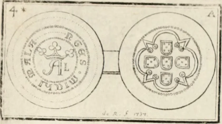 An illustration from Historia genealogica da casa real portugueza : desde a sua origem até o presente, com as familias illustres, que precedem dos reys, e dos serenissimos duques de Bragança ..., 1735, leaf 518