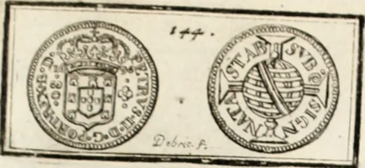 An illustration from Historia genealogica da casa real portugueza : desde a sua origem até o presente, com as familias illustres, que precedem dos reys, e dos serenissimos duques de Bragança ..., 1735, leaf 554