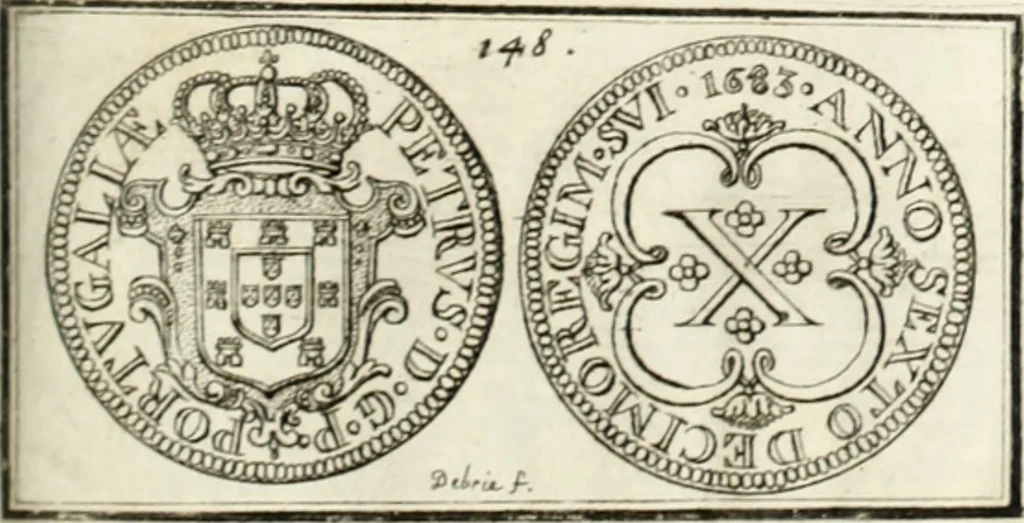 An illustration from Historia genealogica da casa real portugueza : desde a sua origem até o presente, com as familias illustres, que precedem dos reys, e dos serenissimos duques de Bragança ..., 1735, leaf 554