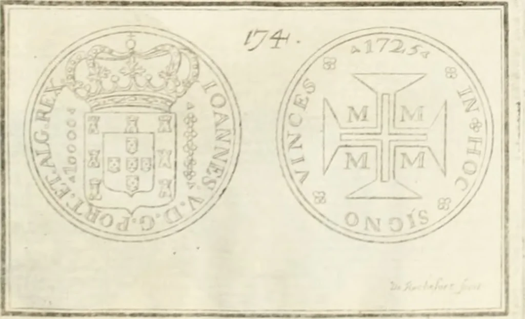 An illustration from Historia genealogica da casa real portugueza : desde a sua origem até o presente, com as familias illustres, que precedem dos reys, e dos serenissimos duques de Bragança ..., 1735, leaf 560