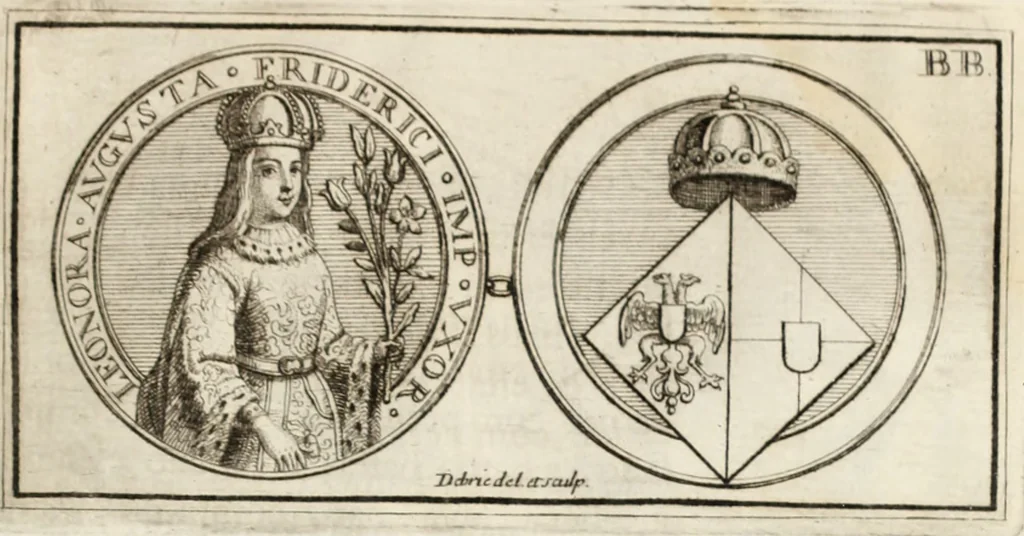 An illustration from Historia genealogica da casa real portugueza : desde a sua origem até o presente, com as familias illustres, que precedem dos reys, e dos serenissimos duques de Bragança ..., 1735, leaf 566