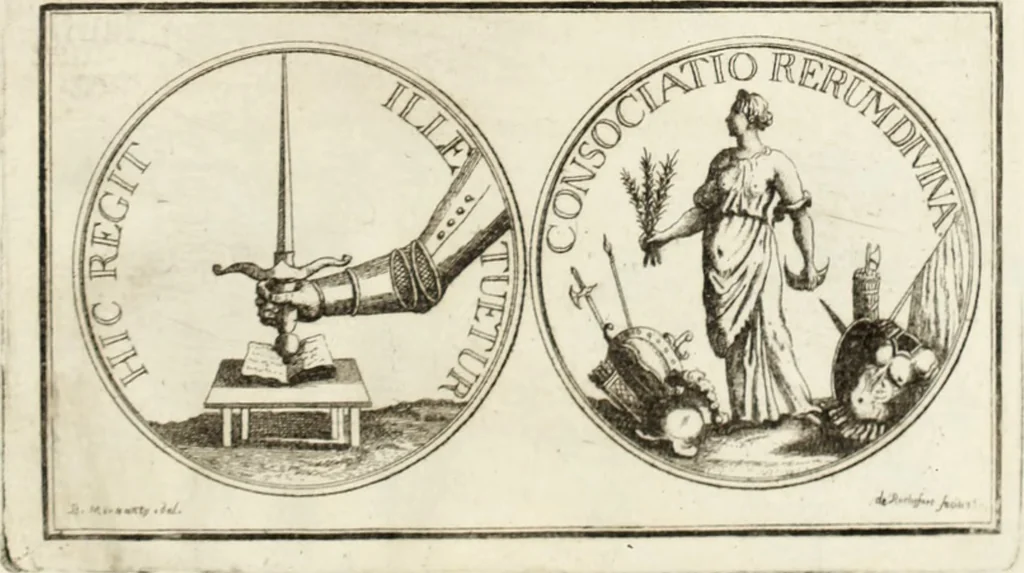 An illustration from Historia genealogica da casa real portugueza : desde a sua origem até o presente, com as familias illustres, que precedem dos reys, e dos serenissimos duques de Bragança ..., 1735, leaf 566