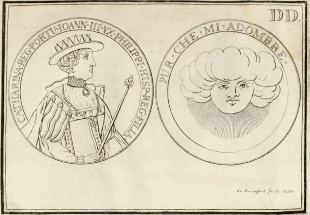 An illustration from Historia genealogica da casa real portugueza : desde a sua origem até o presente, com as familias illustres, que precedem dos reys, e dos serenissimos duques de Bragança ..., 1735, leaf 570