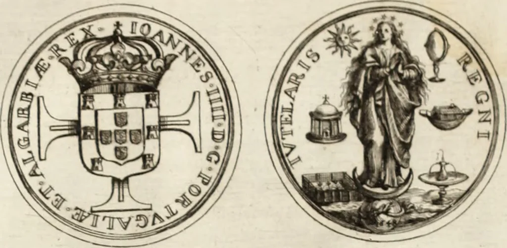 An illustration from Historia genealogica da casa real portugueza : desde a sua origem até o presente, com as familias illustres, que precedem dos reys, e dos serenissimos duques de Bragança ..., 1735, leaf 572