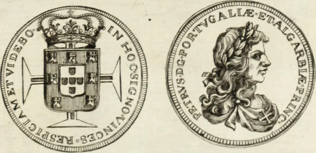 An illustration from Historia genealogica da casa real portugueza : desde a sua origem até o presente, com as familias illustres, que precedem dos reys, e dos serenissimos duques de Bragança ..., 1735, leaf 572